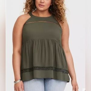 Torrid Olive Lace High Neck Challis Sleeveless Top